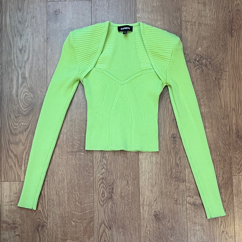 Express Lime Green Fitted Ribbed Top with Padded Shoulders Size XS